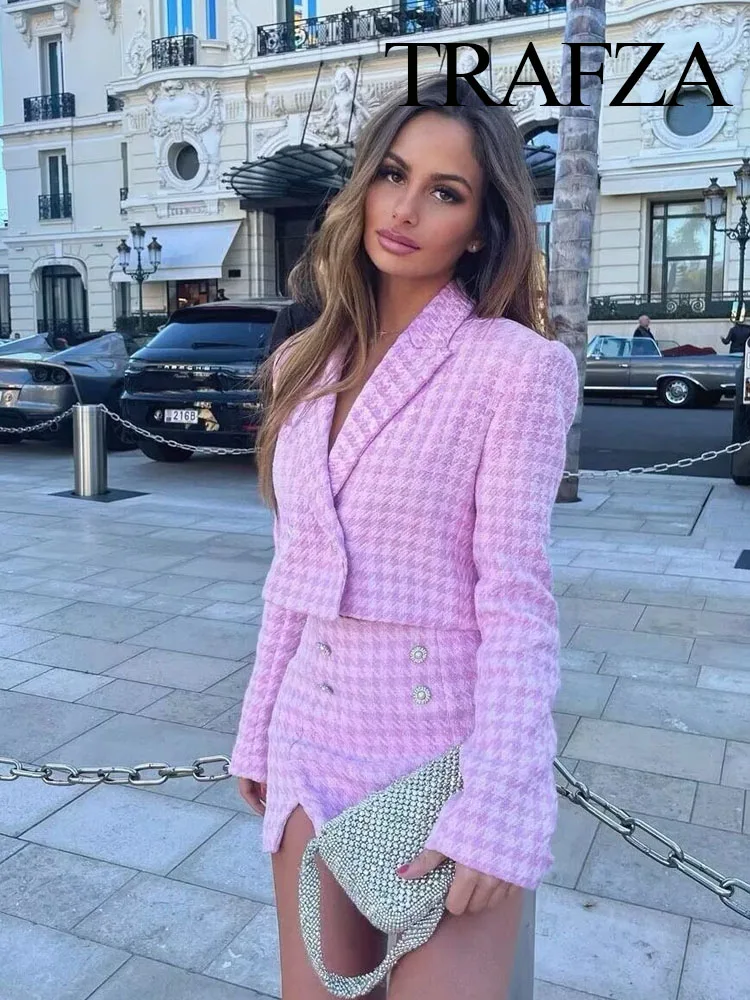 TRAFZA 2024 Autumn Women Fashion Houndstooth Culottes Set Trend V Neck Cropped Blazer Top + Zipper Fly Streetwear Female Shorts