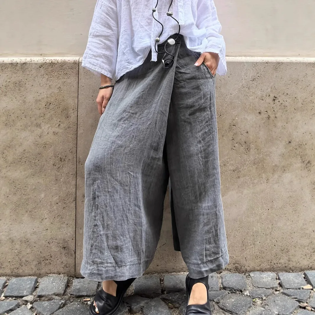 Loose Casual Women's Pants Pure Color Fashionable Artistic Trousers Cleanfit Asymmetric Low Waist Wide Leg Cotton 100%