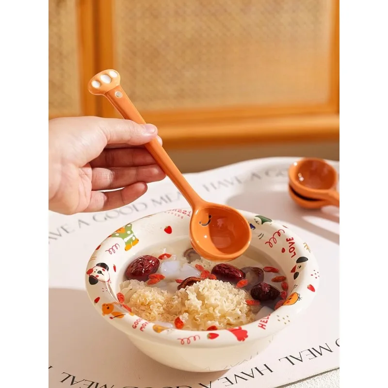 Ceramic Soup Spoon Cream Style Household High Beauty Cute Small Size Long Handled Mixing Spoon