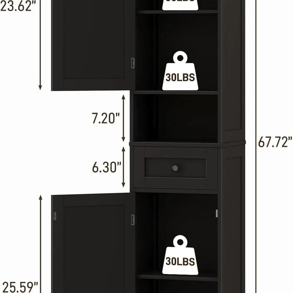 67 Высокоокремочный шкаф для ванной комнаты с 2 дверцами, 1 ящиком, 5 полками, открытым хранилищем, черный