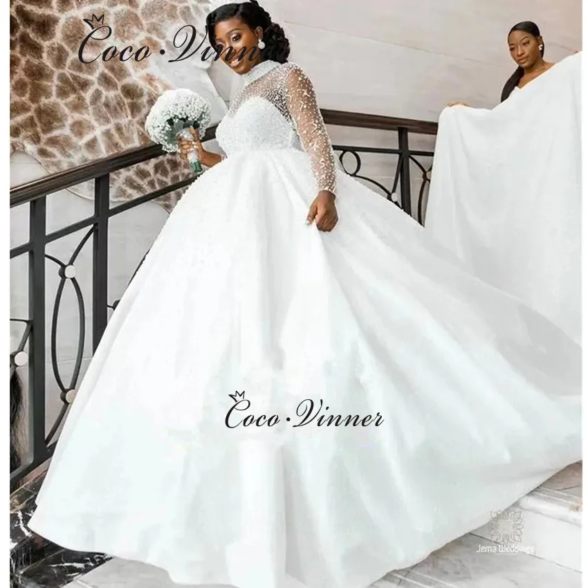 Vestidos de novia africanos transparentes con cuello alto personalizados con mangas tren largo vestido de novia de satén con cuentas de lujo W1385