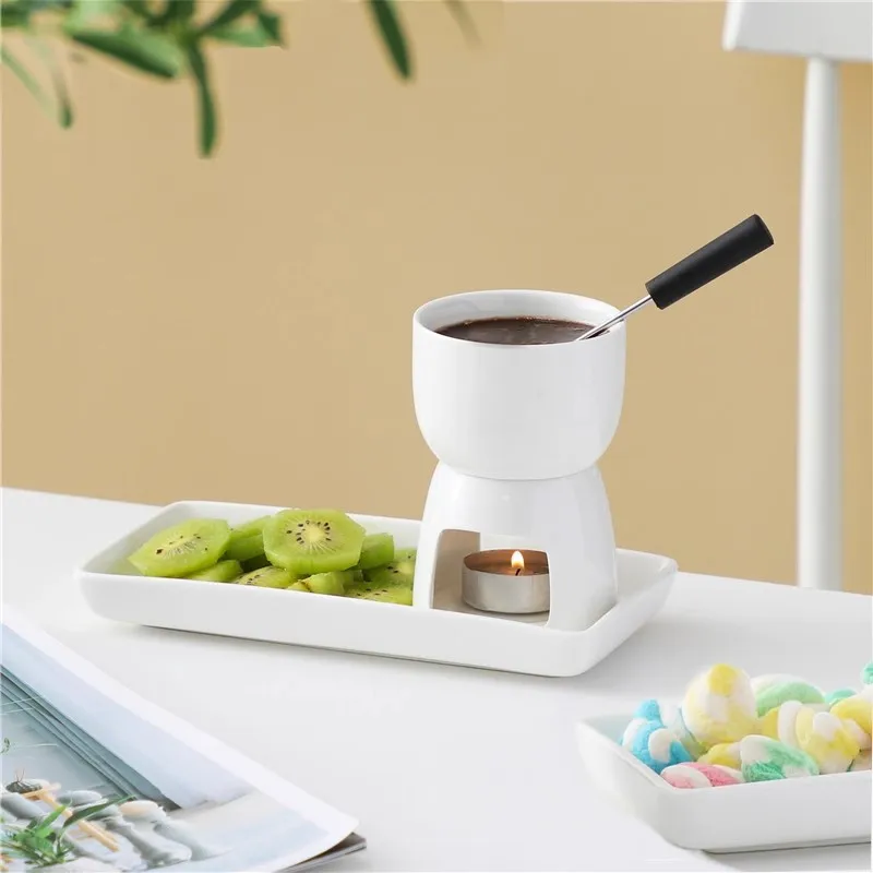 

Fashionable and Creative Mini White Ceramic Hotpot with Fruit Fork Ice Cream Hotpot Light Luxury Chocolate Cheese Hotpot