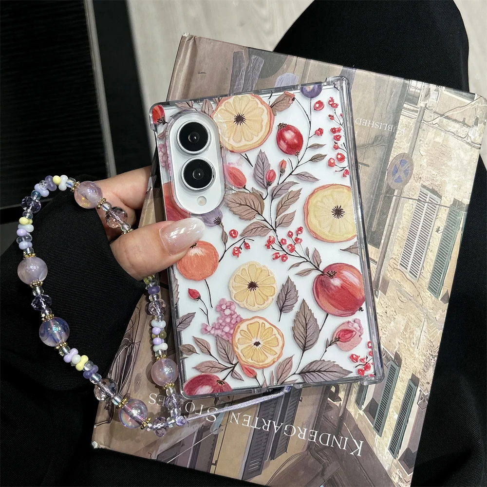 Korean Fashion Cartoon flowers Pomegranate Phone case for Samsung Galaxy Z Fold 8 Fold 8 Cover With Chain Cute Shockproof Cover
