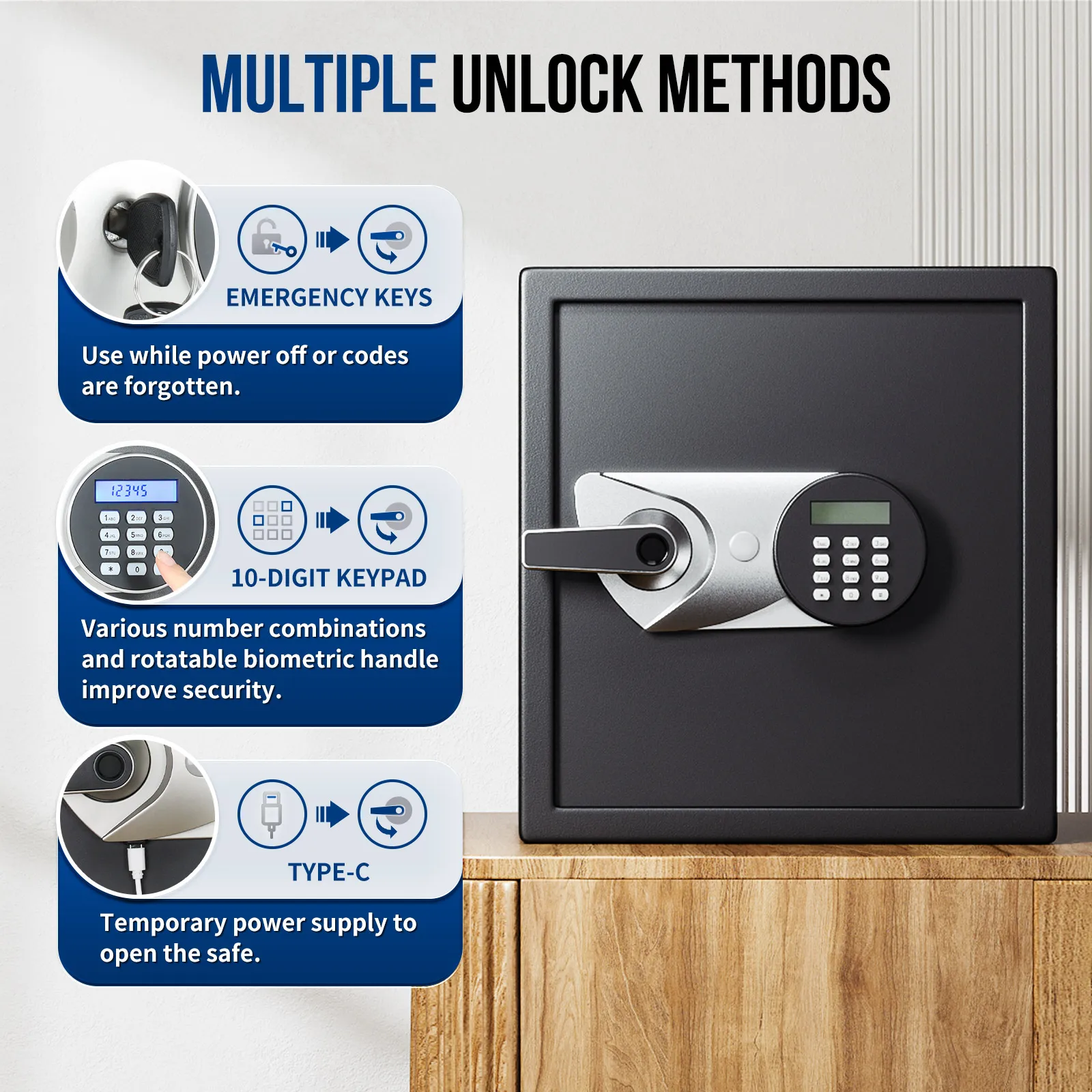 SF0603 1.2 Cubic Feet Fingerprint Locks Safe Deposit Box Combination Lock and Emergency Keys 3 IN 1  Storage Safe