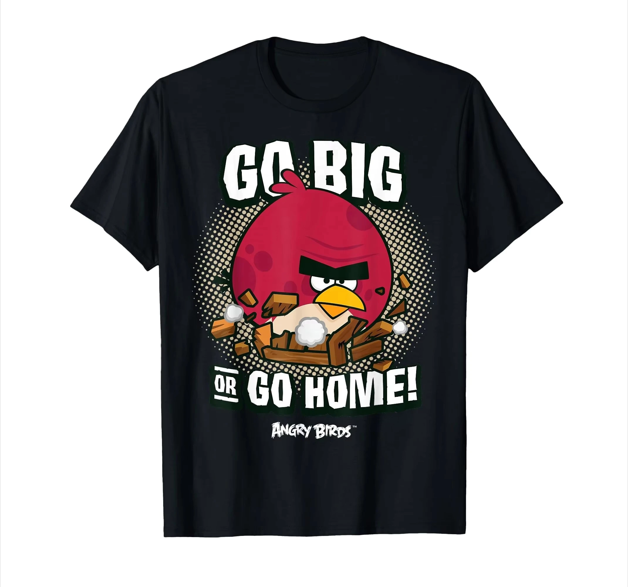 Angry Birds Terence Go Big or Go Home T-Shirts Retro Video Game Halftone Graphic Tee Big Red Bird Breaking Wood Print Shirt