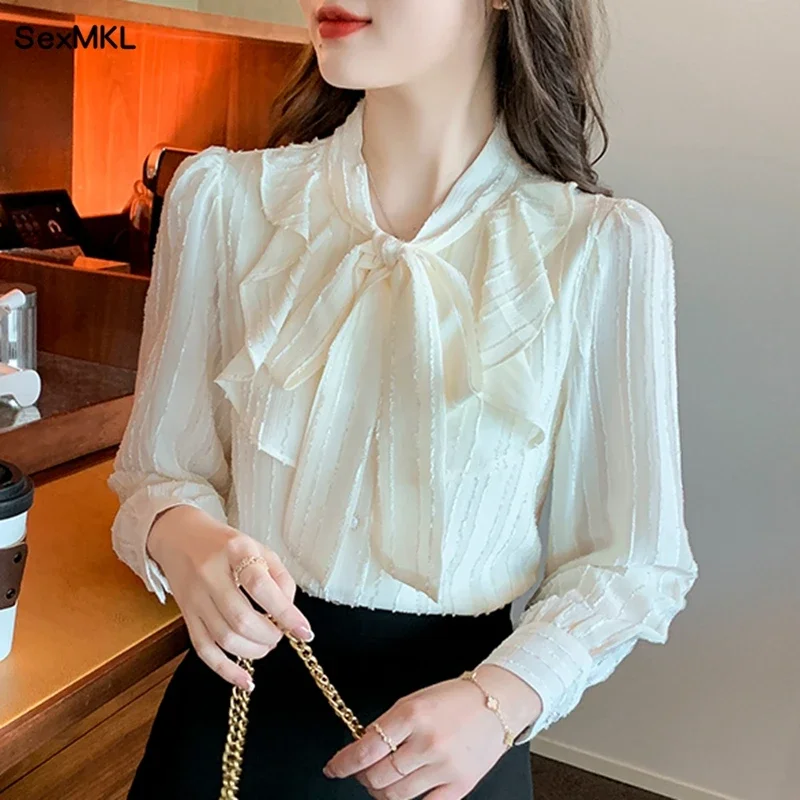 

Elegant Bow Neck Office Shirts Women 2024 Korean Fashion Clothes Ruffles Blusas Feminina Ladies Vintage puff sleeve Tops Blouses