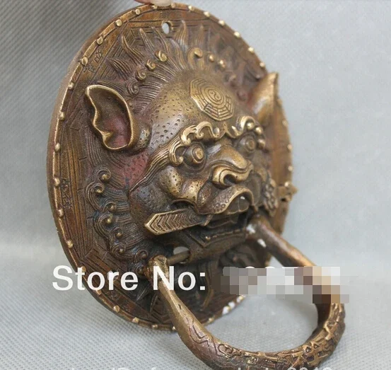 free shipping Chinese Fengshui Door Copper Bronze Lion Foo Dog Mask Head Sword Statue knocker