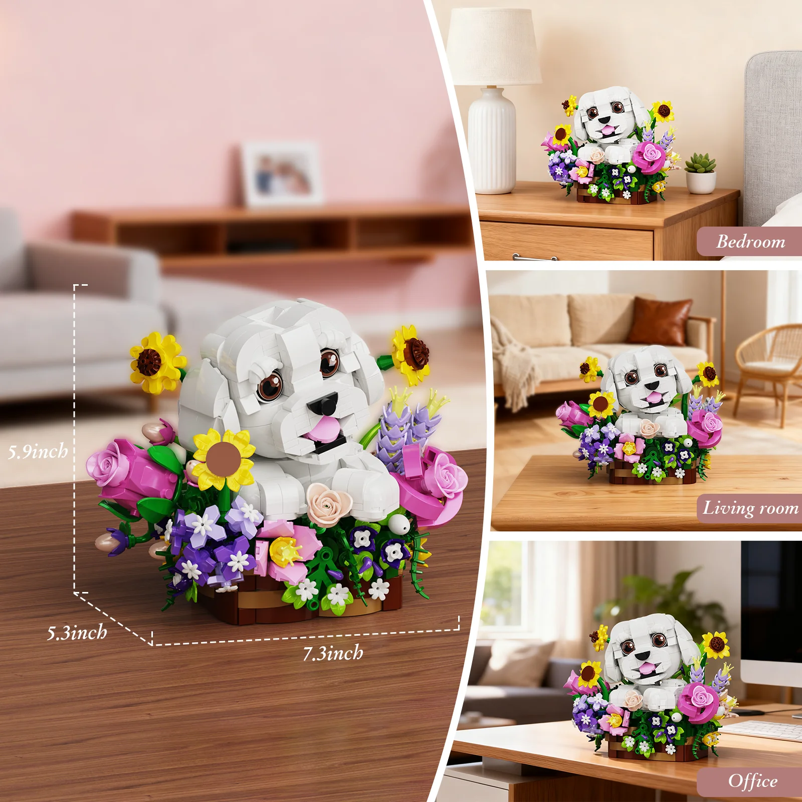 Dogs Bouquet Succulent Building Blocks Set Home Decoration Desktop Ornament Artificial Flower Bonsai Christmas Gift Teens Adults