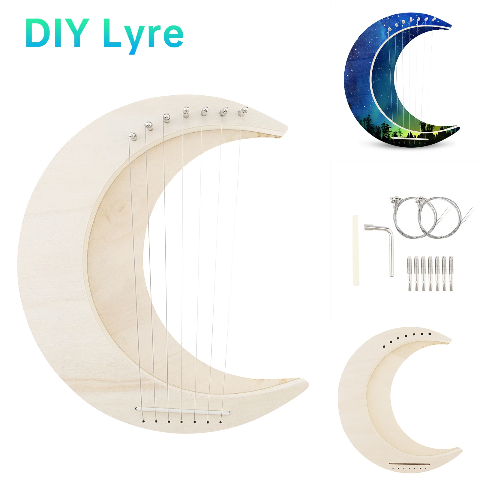 7 Strings Solid Basswood Crescent Moon Lyre Harp DIY Kit for Amateur Beginner Kid Children Fun Toy Art, Handwork Painting Harp