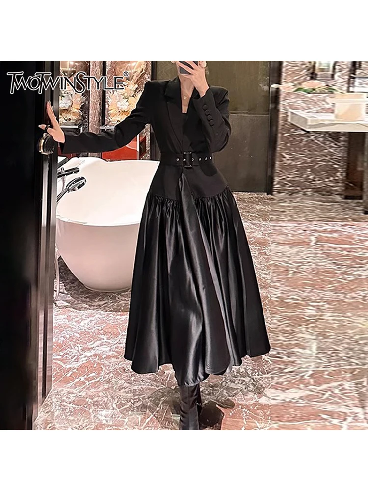 TWOTWINSTYLE Solid Patchwork Belt Temperament Dress For Women Notched Collar Long Sleeve High Waist Derss Female Autumn Fashion