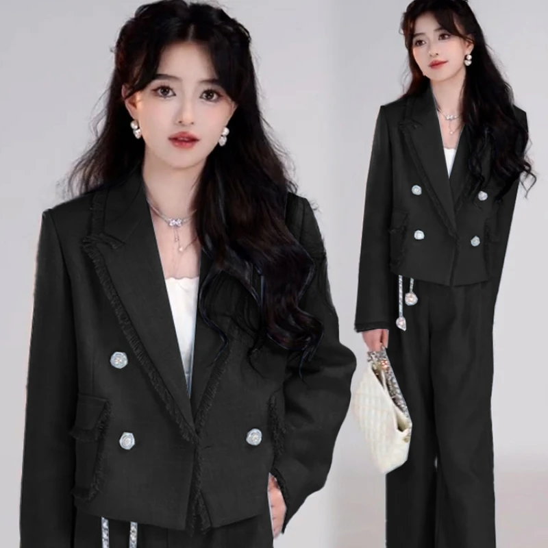 

Women's French Short Tassel Blazer Wide Leg Pants Set Vintage Casual Solid Color Loose Double breasted Suit Pants Two piece Set