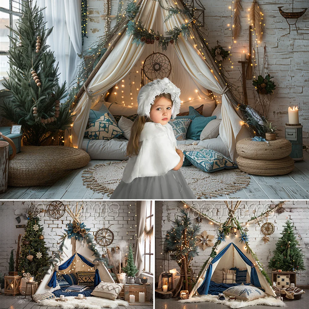 Christmas Camping Photography Backdrop Outdoor Tent Wood Campfire Greenery Dreamcatcher Decor Background Photo Studio Photocall