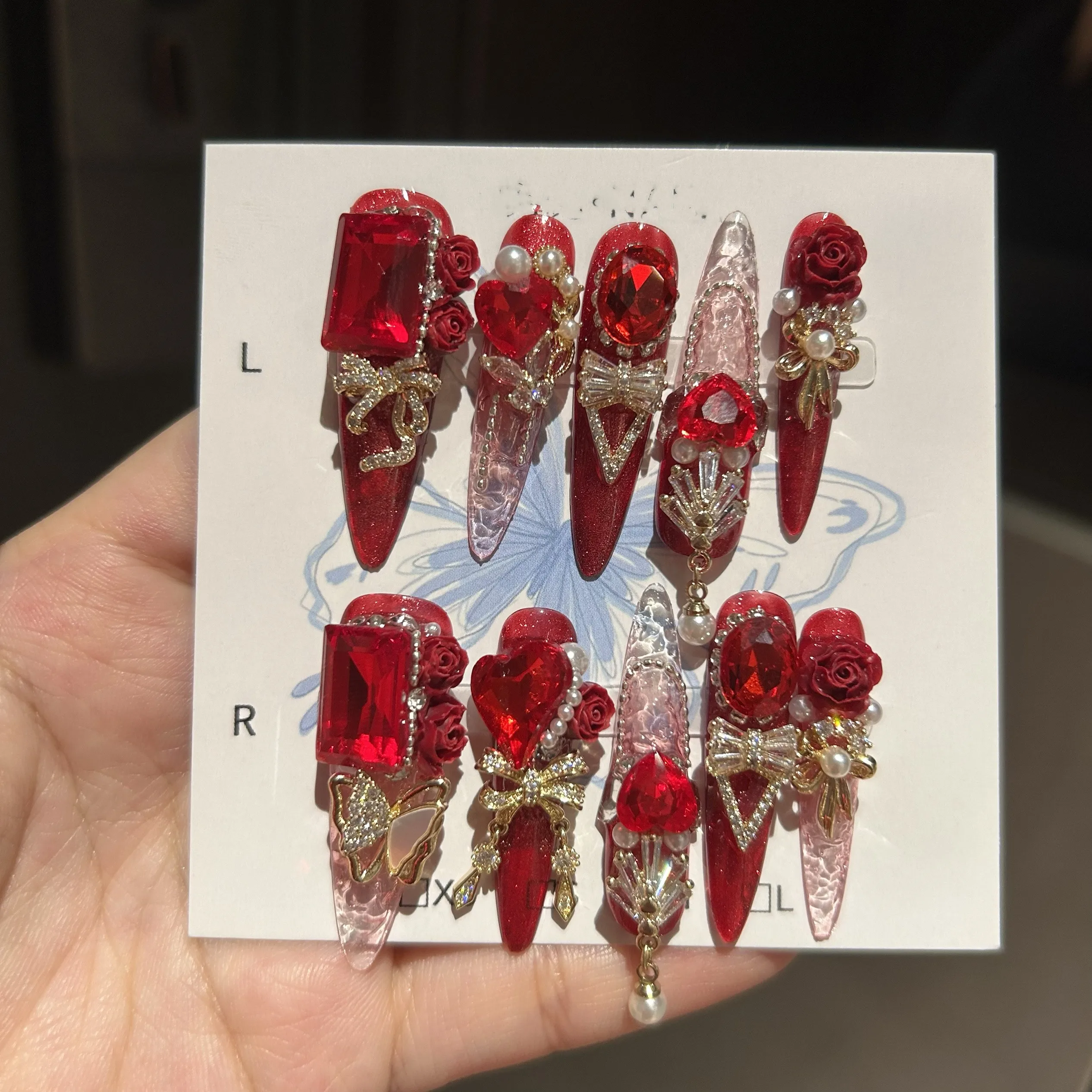 Handmad 10 pcs luxury high-ending red rose flower love stone reuseable wedding party artificial nail tips false nails fake nails