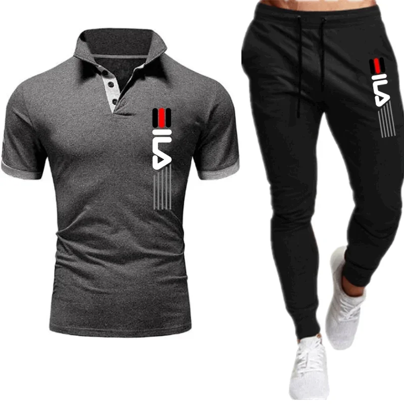 Men\'s Trousers Tracksuit 2 Piece Set Printed Summer Jogger Sportswear Short Sleeve POLO Shirt+Long Pants Casual Street Clothes