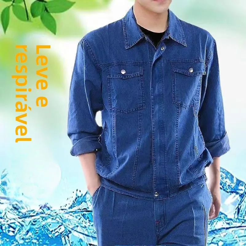 軽量夏用デニム作業服セット男性用長袖電気溶接保護服通気性と耐摩耗性