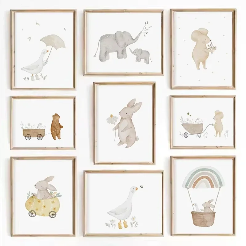 Boho Cartoon Farm Animals Wall Art Canvas Painting Rabbit Bear Bee Flower Posters and Prints Pictures for Baby Kids Room Deco