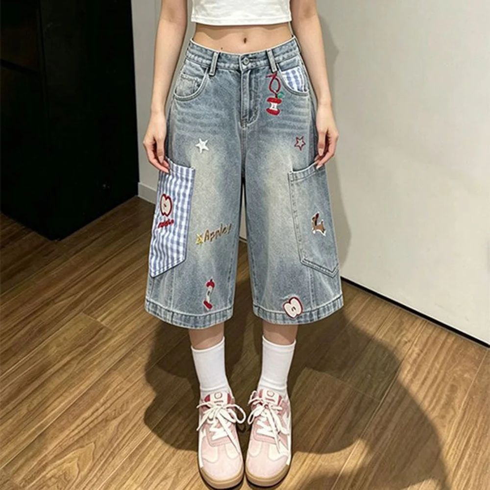 Apple plaid embroidered seven-point jeans women's summer thin lazy wide-leg straight tooling shorts trendy middle pants