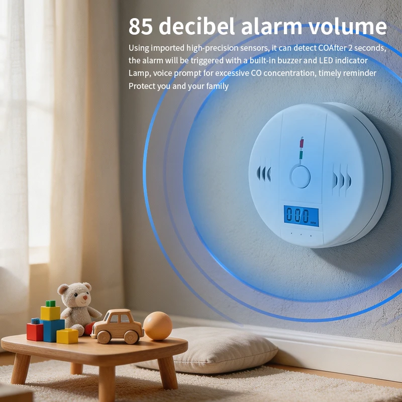 Household Carbon Monoxide Alarm CO Detector LCD Display Alarm Device Toxic Gas Leakage Detector Sound and Light Alarm Battery-Po