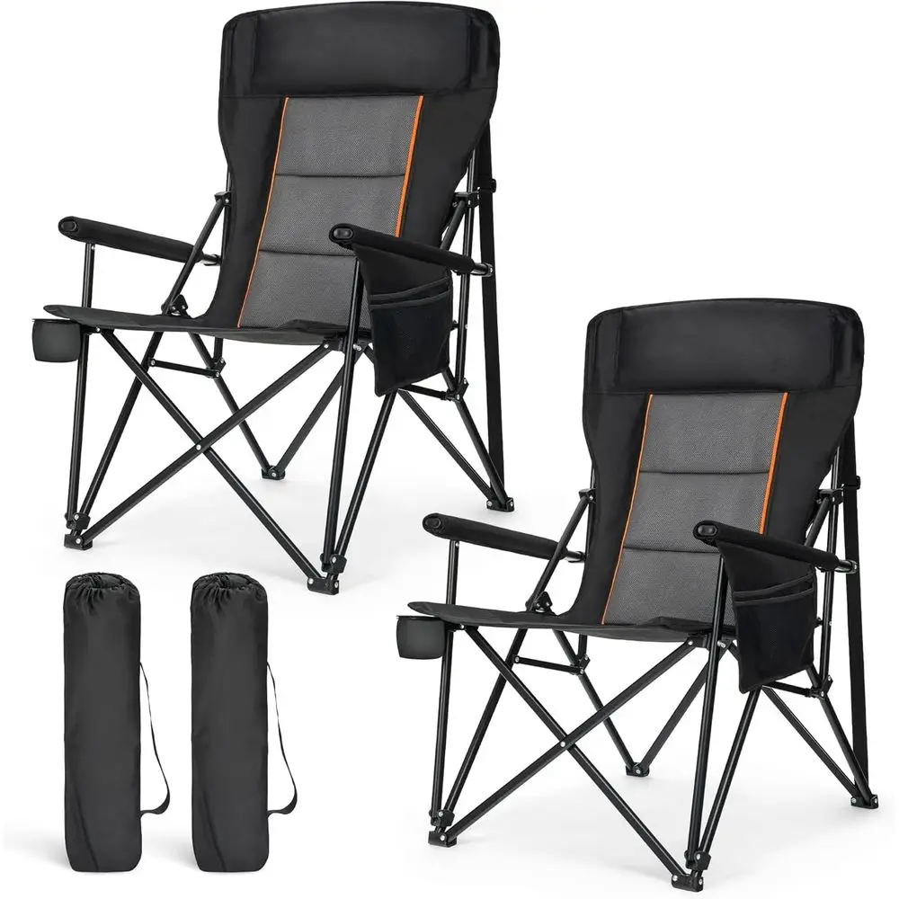 

2-Pack Heavy Duty Collapsible Camping Chairs with Cup Holders, 29.52 High, 500lbs Capacity, Portable Lawn Chairs (Black)