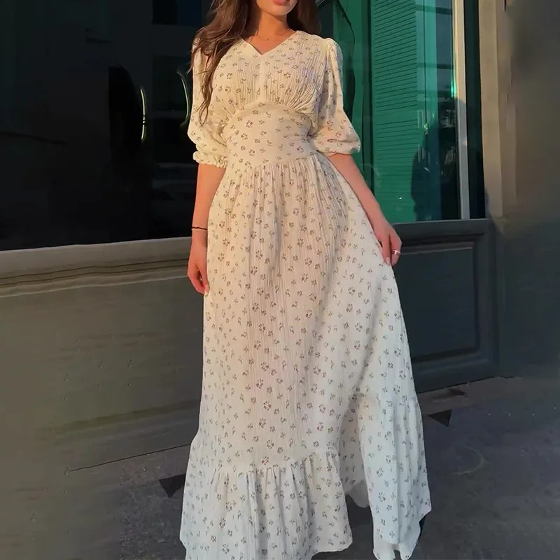 2024 Dames Hoge Taille Slim Fit V-Ne Lantern Sve Dr Bloemenprint A-lijn Rok Lange Sve Maxi Dr Pendelen Sle
