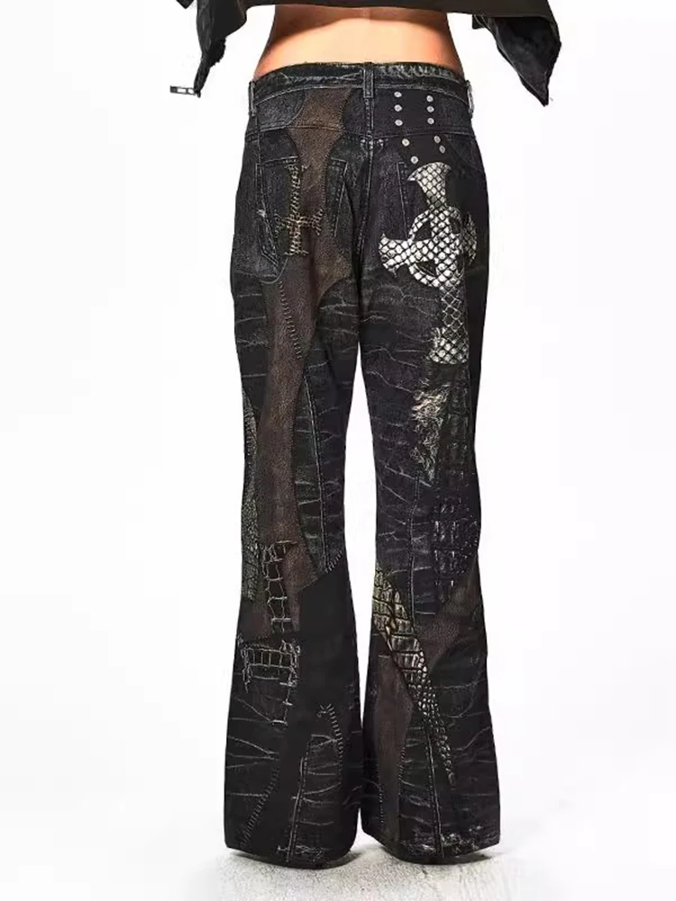 REDDACHiC Snake Textured Black Jeans Women Trousers Y2k Digital Print Cross High Waist Straight Wide Leg Pants Grunge Streetwear