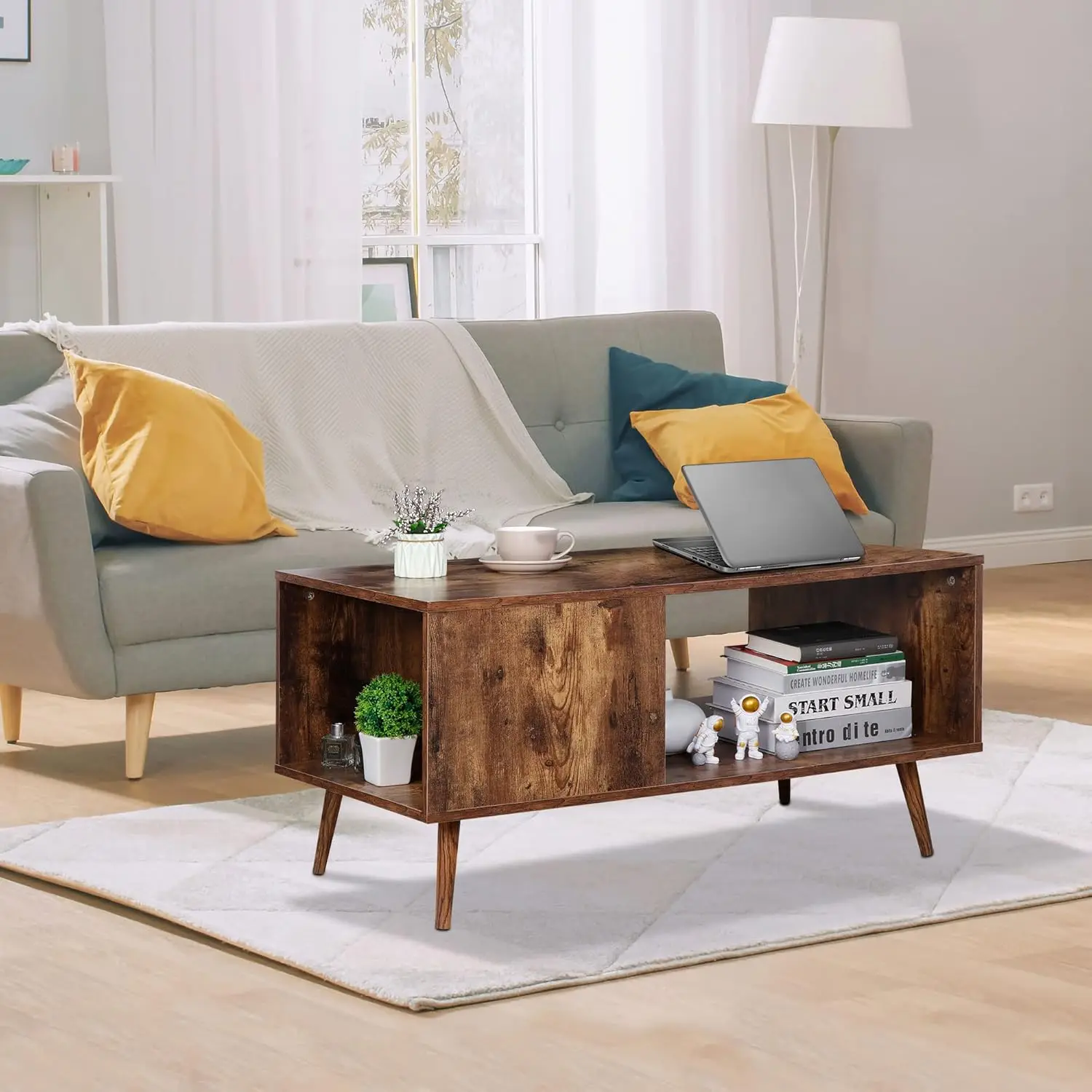 2 Tier Wooden Coffee Table with Storage for Living Room, Modern Mid-Century Accent Furniture Space Saving Rectangle Table