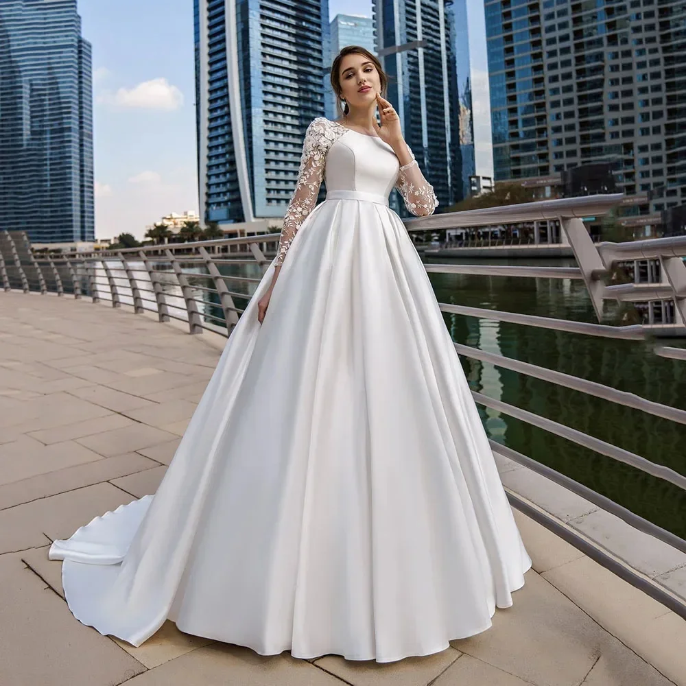

Customized Measure Dubai Modest Wedding Dresses Lace Long Sleeve Satin Bride Dress With Belt Women Elegant For Women Stunning