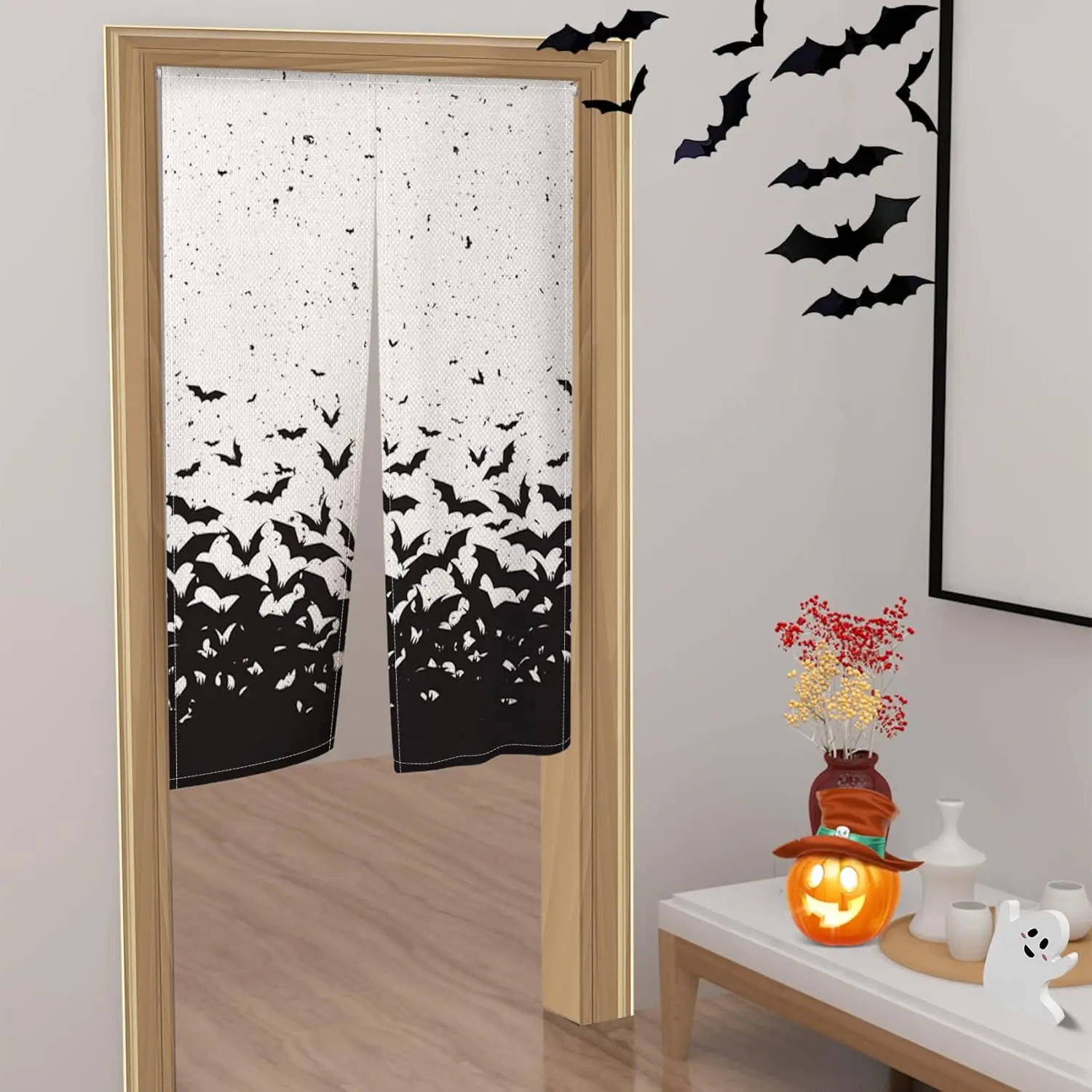 Halloween Doorway Curtain Scary Black and White Bats Door Hanging Japanese Tradition Painting Halloween Theme Window Treatment