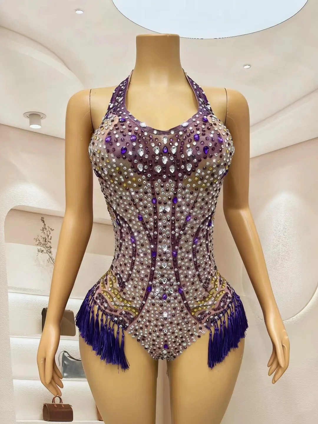 Flashina-Bodysuit Strass Sem Mangas, Franjas De Prata Roxo, Roupa Sexy, Traje De Celebração Do Aniversário À Noite, Shanyao C286