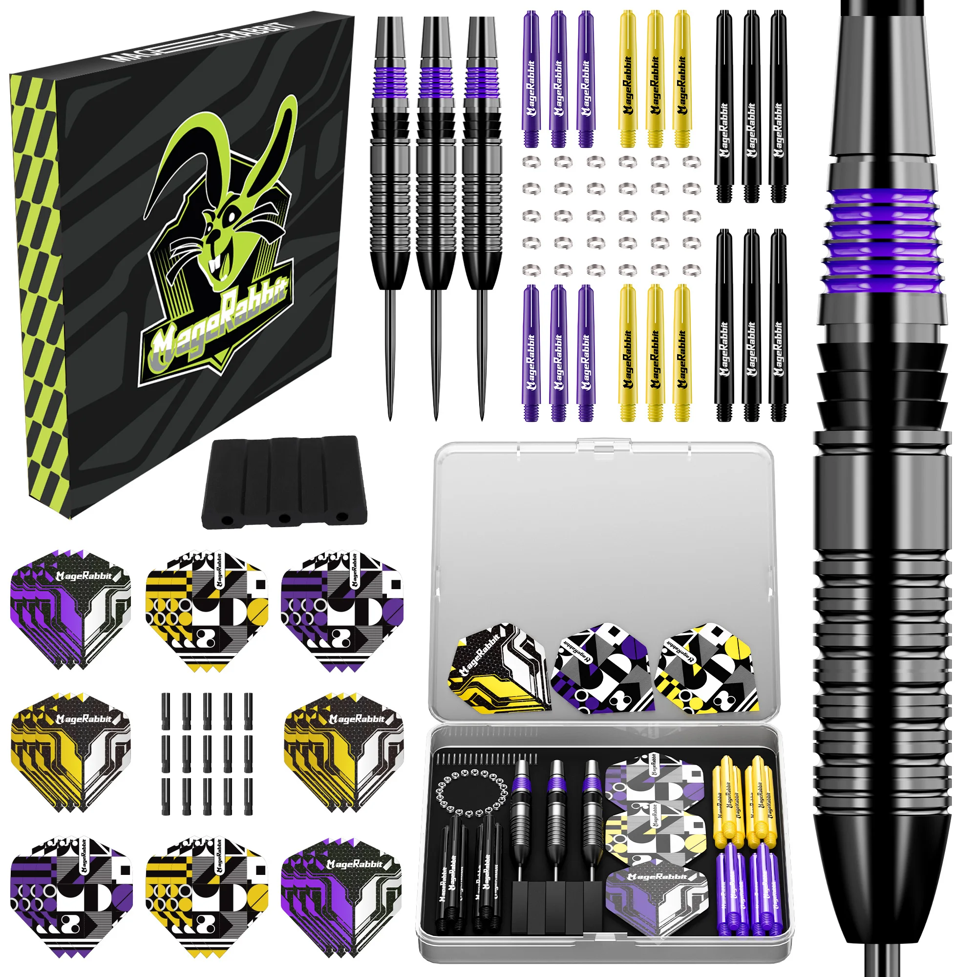 MageRabbit Brass Hard Tip Dart Kit: 3x21g Barrels, 6 Pro Shafts, 8 PE No.2 Flights, 15 Alum. Protectors, 20 O-Rings, All-in-One