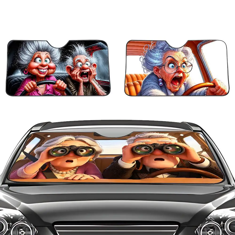 Cartoon Elderly Couple Car SunShade Windscreen Cover Shade Car SunShade UV Rays Car Sun Visor Protector