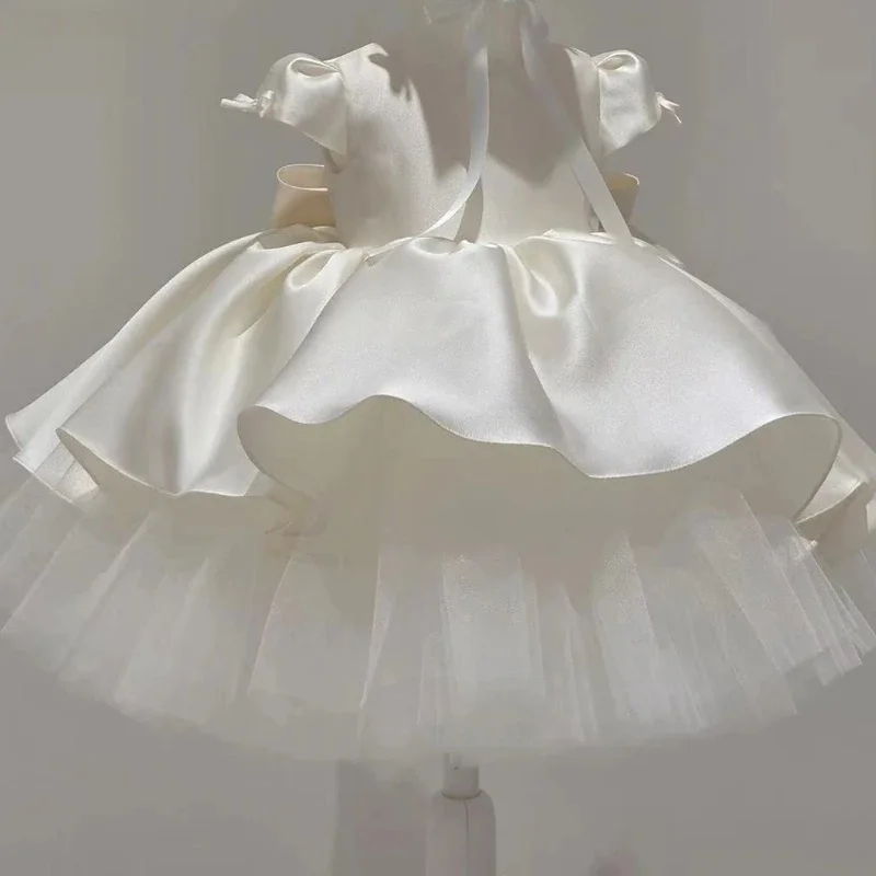 Custom Flower Girl Dress for Wedding First Christmas Party with Short Sleeves Satin Bodice and Contrasting Tulle Layered Skirt
