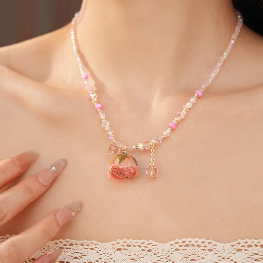 Pink Purple Irregular Glass Beads Strand Necklace Women Tassel Rose Flower Pendant Necklaces Sweet Dating Holiday Jewelry M