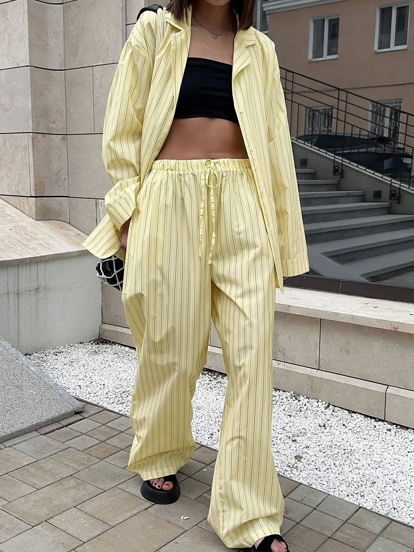 Marthaqiqi Striped Ladies Sleepwear Suit Sexy Turn-Down Collar Pajamas Long Sleeve Nightgowns Pants Casual Female Nightwear Set