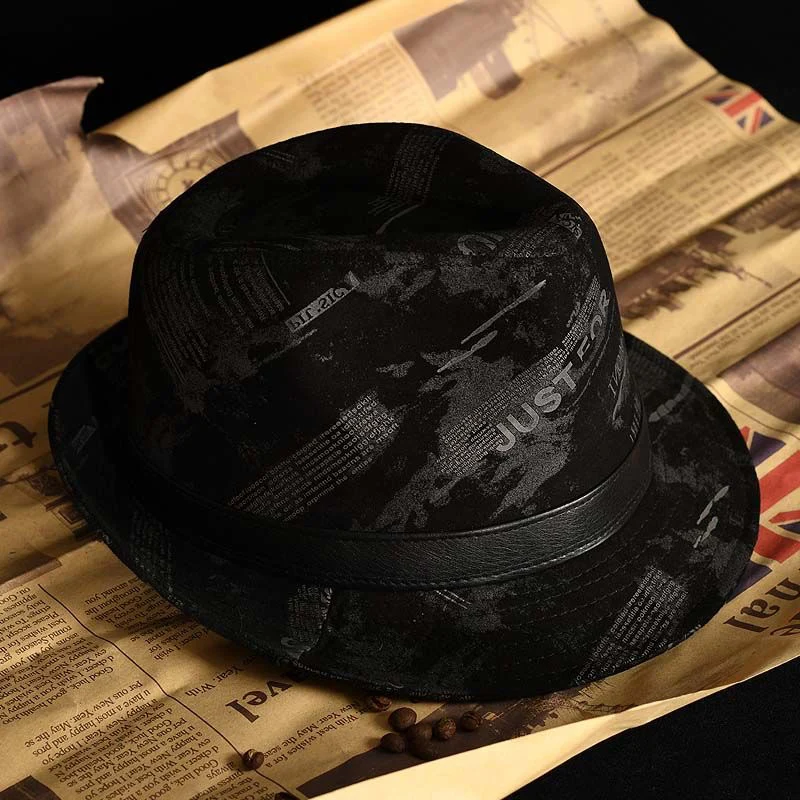 New Male Perform High Quality Genuine Leather Print Jazz Fedora Gentleman Sheepskin Short Brim Top Hat Shows Topper