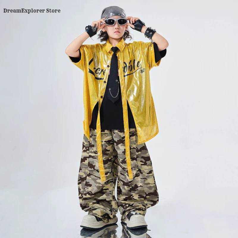 Hip Hop Boys Bright Shiny Shirt Camouflage Pants Girls K-pop Streetwear Children Street Dance Costumes Kids Jazz Clothes Sets
