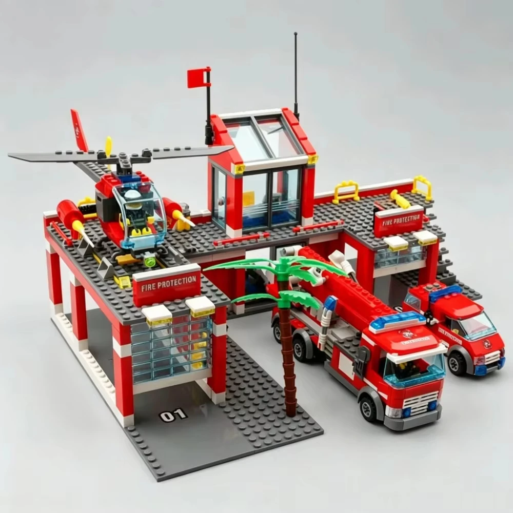 City Fire Station Building Block Set, Includes Helicopter and Fire Truck, Educational DIY Construction Toy, Holiday Gift