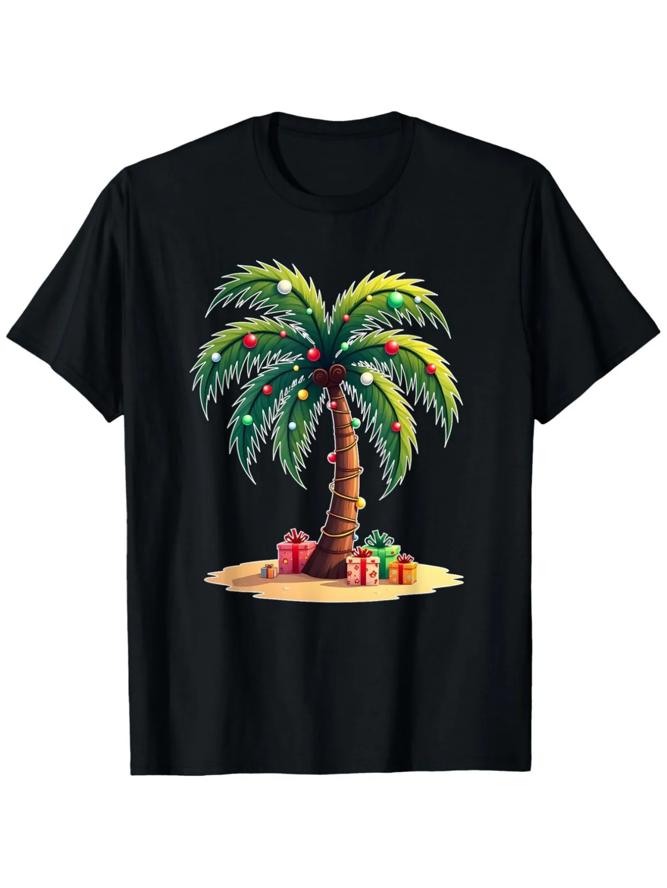 Vacation Men's Black Graphic T-Shirt Palm Tree Sandy Island Colorful Lights Wrapped Trunk Gift Boxes Holiday Tropical Print 100% Cotton Heavyweight Short Sleeve Casual Streetwear Tee