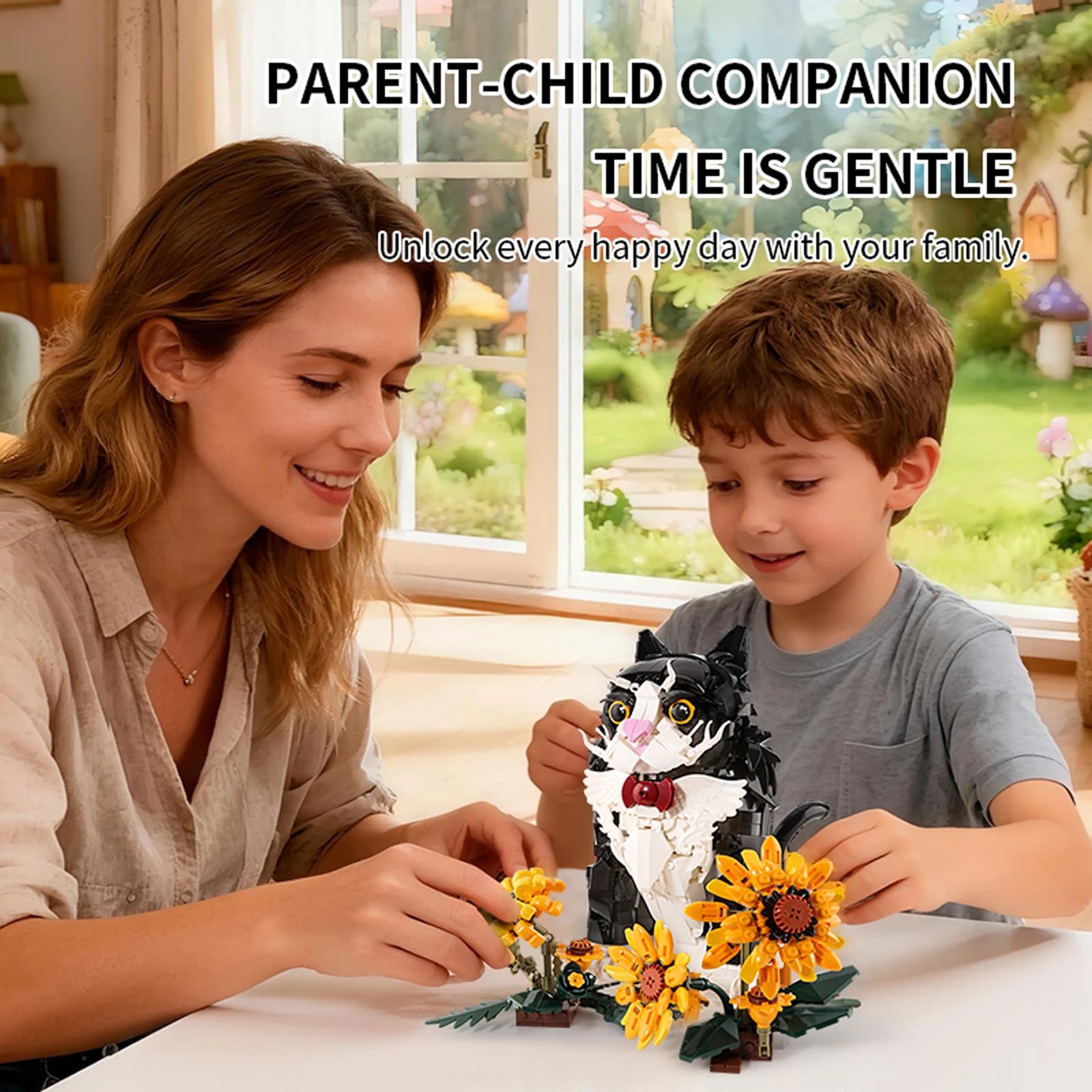 

1434PCS Cute Sunflower Cat Building Blocks Animals Flowers Assembly Bricks Simulated Cat Model Ornaments Toys Kids Birthday Gift