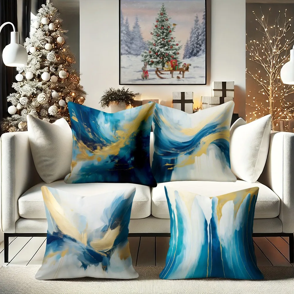 

Blue Gold Abstract Art Pillow Cover, Modern Festive Home Decor Pillowcase