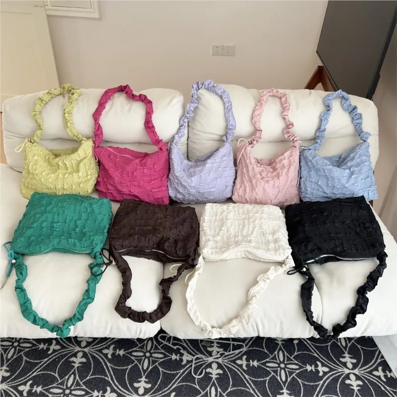 Nylon Drawstring Cloud Shoulder Bags Women Solid Casual Simple Designer Commuting Handbags Shirred Vintage Underarm Bag Female