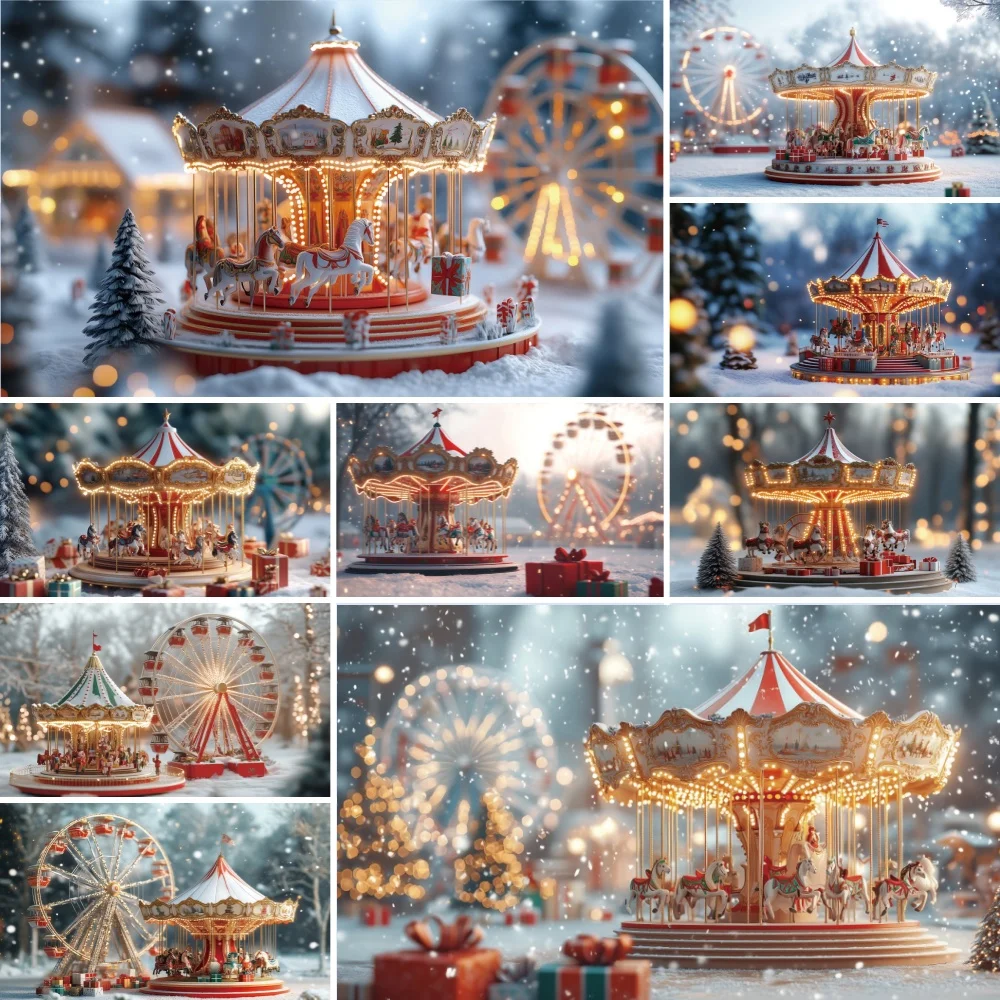 Merry Christmas Backdrop Circus Carousel Forest Ferris Wheel Kids Family Portrait Decor Photo Background Banner Shooting Props