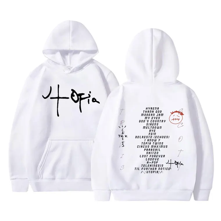 New Cactus Jack Utopia Print Hoodie Men Hip Hop Oversized Sweatshirt Men's Vintage Hoodies Male Trendy Clothing Black Clothes