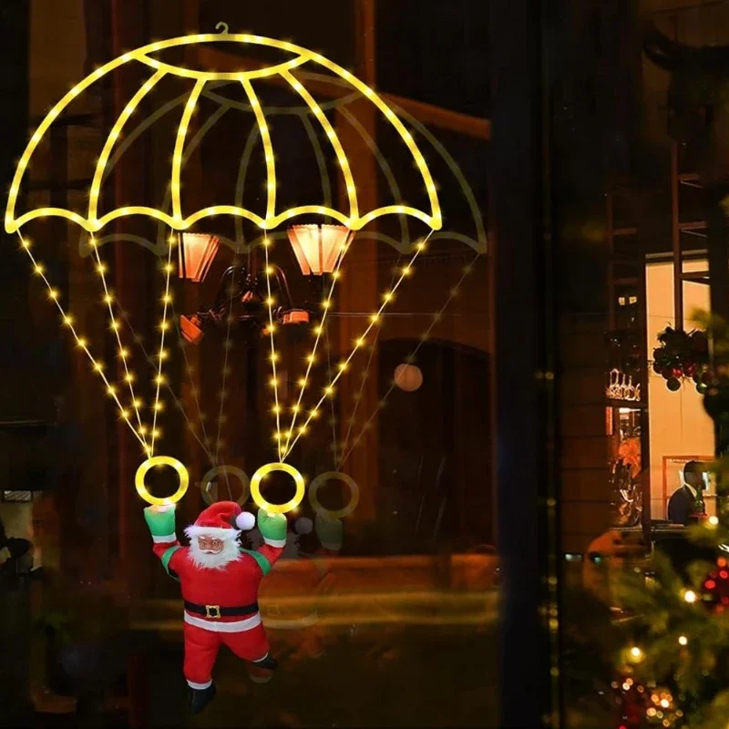 1PC USB Powered LED Christmas Parachute Lights Santa Claus Roof Eave Balcony Garden Xmas Home Festival Atmosphere Decor Lamp