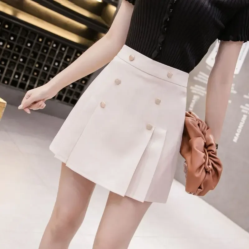 Korean pleated skirt women's summer new high waist slim exposure-proof double-breasted A-line skirt fashion temperament skirt.