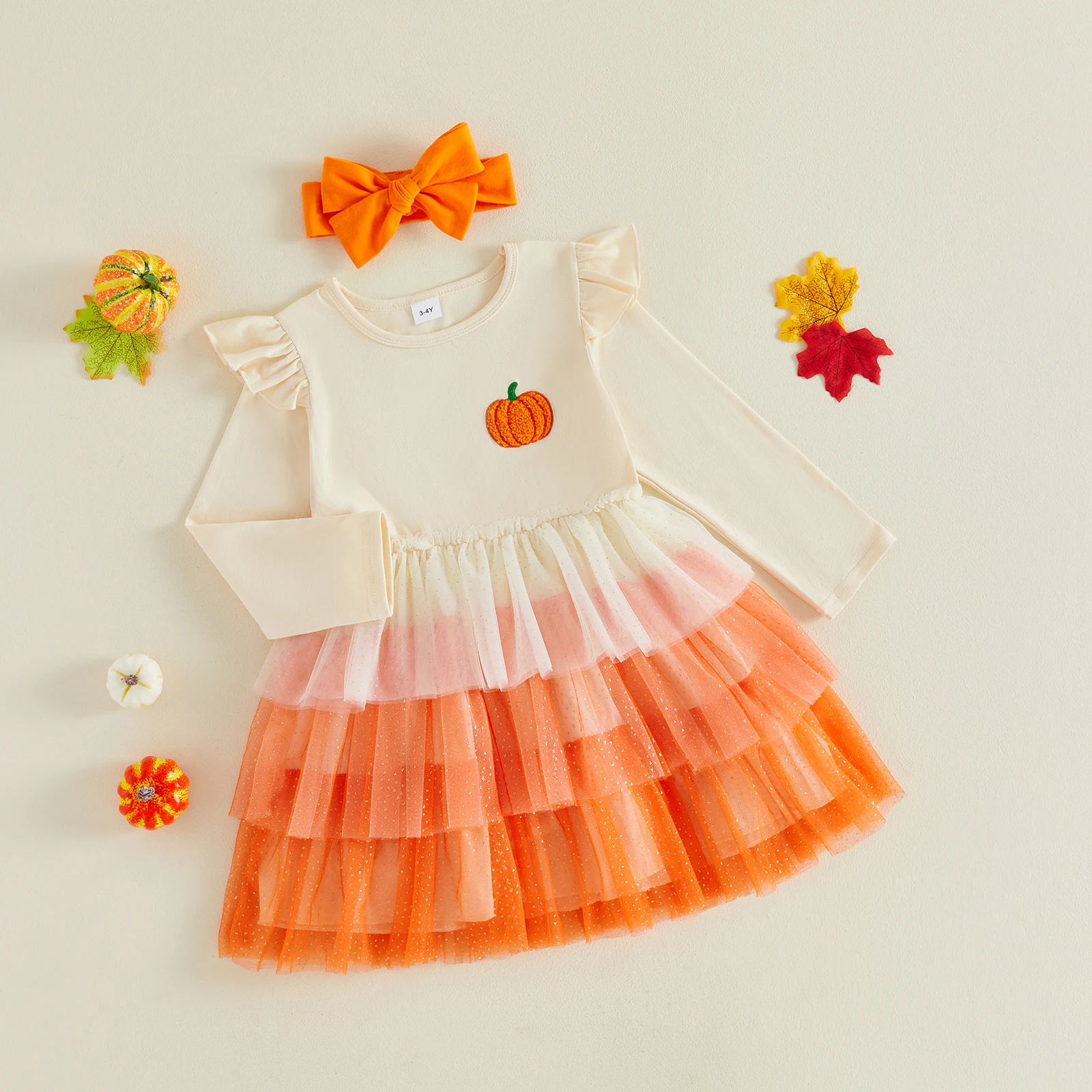 1-5Y Toddler Baby Girl Halloween Dress Headband 2 Pcs Set Ghost/Pumpkin Embroidered Layered Mesh Long Sleeve A Line Dress