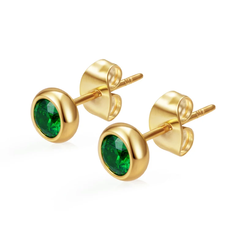 Klassische Edelstahl-Ohrstecker mit Zirkonia, runde Ohrstecker für Damen, Geburtsstein, goldfarben, kleine Huggie-Ohrringe, Alltagsschmuck für Frauen – Detail 8