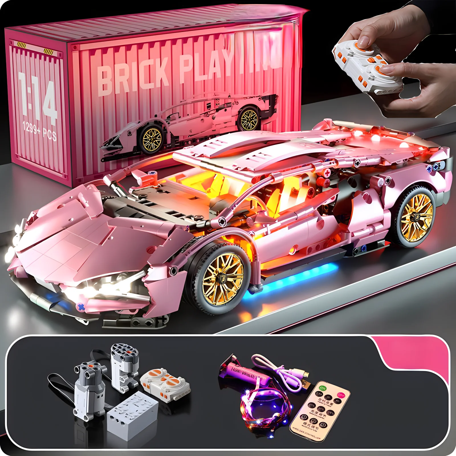 1:14 Pink Sports car RC Toy Car Building blocks Toy Birthday Gift MOC Sports Car Model (1314+ particles)