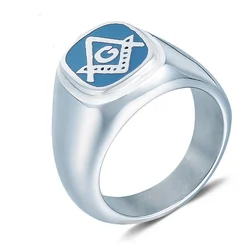 Classic Masonic Ring Stainless Steel Charm Jewelry Blue Mason Freemasonry Compass Men Biker Ring SYR0005