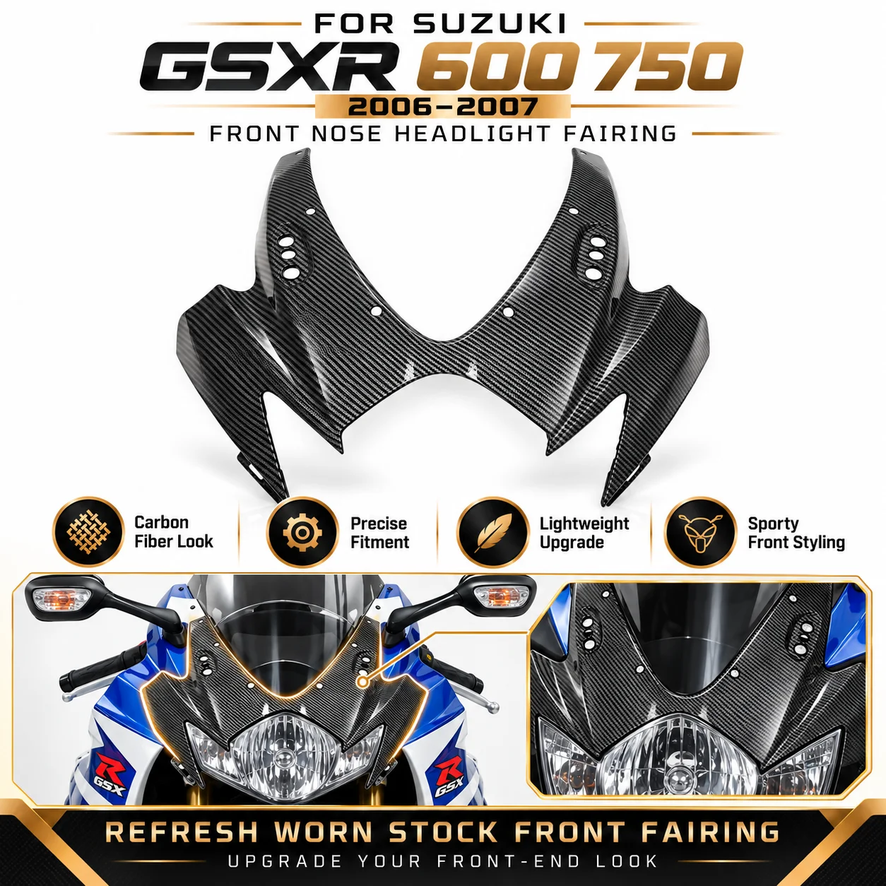 Carbon Fiber Color Front Cowl Nose Headlight Fairing For Suzuki GSXR600 750 2006-2007 Headlight Cowl Mask Cover Nose Upgrade
